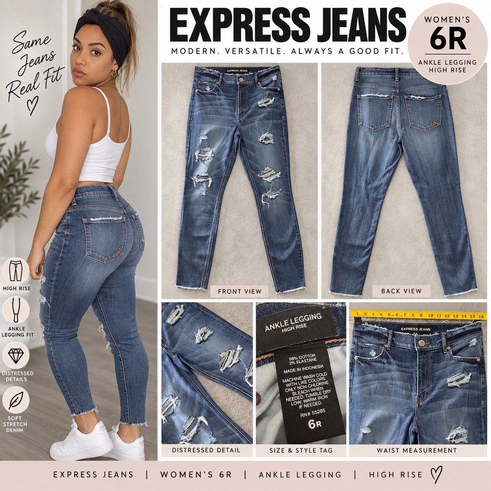 Express Ankle Legging High Rise Jeans 6R Distressed Medium Wash Denim Stretch
